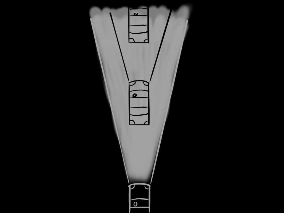 Cartoon of a car with headlights on, able to only see a few cars ahead of it
